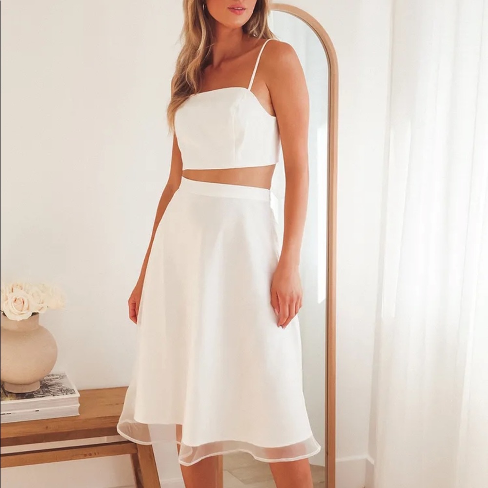 Lulus White Organza Midi Skirt and Tie-Back Crop Top